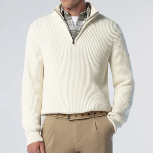 Pull en laine crème pour homme, col zippé 1/4, manches longues, couleur unie, style tricot côtelé épais, idéal pour l'hiver - Product Image 2