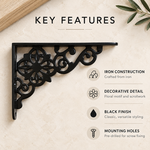 Support d'étagère mural en métal décoratif SHUBHAM, style vintage, en fer noir, avec motifs floraux - Product Image 5