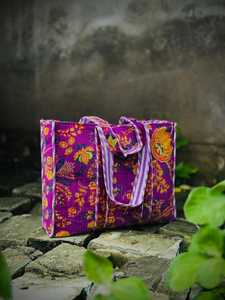 VEER HANDIRCRAFTS Purple Floral Embroidered Velvet <b>Tote</b> <b>Bag</b> <b>Vintage</b> Style Open Top Travel <b>Bag</b> with Chains All Seasons Use - Product Image 1