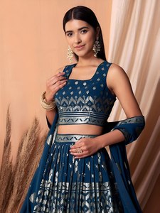 Navy Blue Georgette <b>Sequin</b> Embroidered Lehenga Set Short Sleeve <b>Crop</b> <b>Top</b> A-Line Floor-Length Bridesmaid Dress High Neckline - Product Image 1