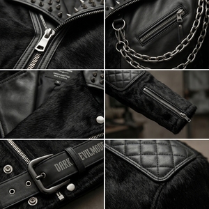 Veste en cuir pour homme personnalisée, style punk rock, cloutée, avec pointes, en cuir de vachette à poils, manteau moto en fourrure de vache, vente en gros, fabricant - Product Image 6