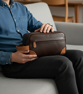Classic Leather Toiletry Bag Rectangle Shape Durable Travel Storage Bag for Men <b>Brown</b> with Tan Accents - Product Image 4