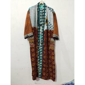Robe longue en soie patchwork faite à la main, col en V, fermeture à cordon, douce, respirante, séchage rapide, vêtement de détente, kimono, robe de soirée pour femmes - Product Image 5