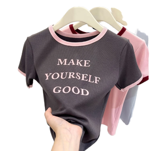 Women's Crop <b>Top</b> T-Shirt Short Sleeve Crew Neck Knitted Letter Print Slim Fit Casual Spring Summer 100% Cotton Breathable - Product Image 1