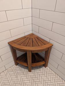 Solid Teak Wood <b>Corner</b> <b>Shower</b> Bench Slatted Top Bathroom Stool with Storage <b>Shelf</b> - Product Image 1
