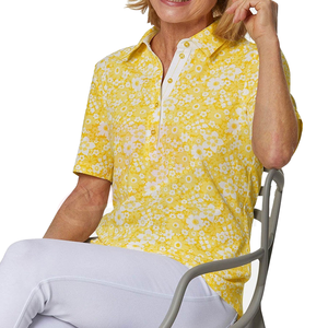 Nouveautés : Polo à fleurs à manches courtes, jaune et blanc imprimé, 100 % polyester, vêtement décontracté, tissu respirant tissé - Product Image 3