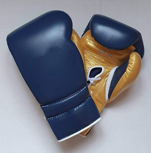 Guantes de Boxeo de Cuero Genuino Hechos a Medida de Primera Calidad al Por Mayor, Diseño con Cordones en Color Azul Marino y Dorado para Entrenamiento de Adultos - Product Image 3