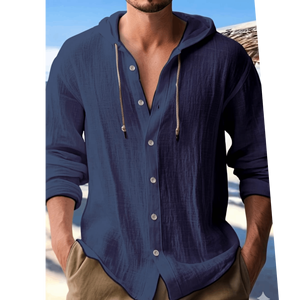 Chemise à capuche en coton texturé pour homme Everlooks, style nomade urbain, boutonnée, Zenith Slate Blue, coton froissé - Product Image 2