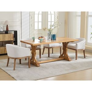 Sedie da pranzo Mid-Century Modern Farmhouse in lino con braccioli, sedie da pranzo a botte imbottite in PU solido, in legno naturale - Product Image 5