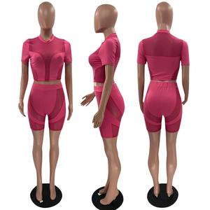 Womens <b>Two</b> <b>Piece</b> Solid Sheer <b>Mesh</b> Regular Fit Three-quarter Sleeve Crop Top and Biker Shorts Clubwear Summer OEM ODM Wholesale - Product Image 1