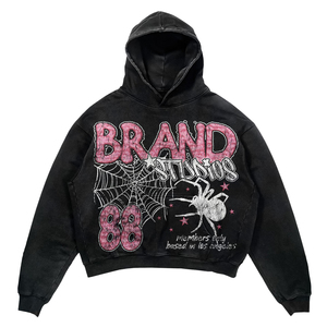 Sudadera con Capucha Extra Grande de Estilo Vintage Personalizada para Hombre, Negra, de Algodón French Terry, Diseño de Telaraña Estampada, con Bolsillo Delantero - Product Image 2
