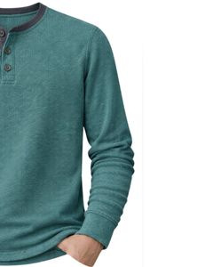 เสื้อยืดแขนยาวทรงเฮนลีย์ผ้าวาฟเฟิลสำหรับผู้ชาย สีเขียวอมฟ้า สวมใส่สบาย คอติดกระดุม เหมาะสำหรับฤดูหนาว ผ้าฝ้ายทรงเข้ารูป ระบายอากาศได้ดี - Product Image 4