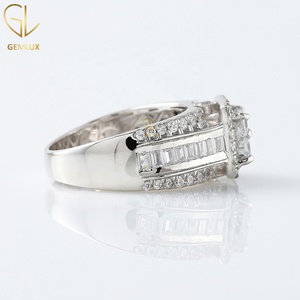 Princess Moissanite Engagement <b>Ring</b> with Quad Diamond Band, Baguette & Round Cut Halo Design, 14K Solid White Gold <b>Ring</b> - Product Image 3