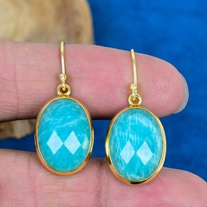 Natural Handmade Blue Amazonite Oval Shape Gemstone Drop Earrings 18k Micron Gold Over 925 <b>Sterling</b> <b>Silver</b> - Product Image 2