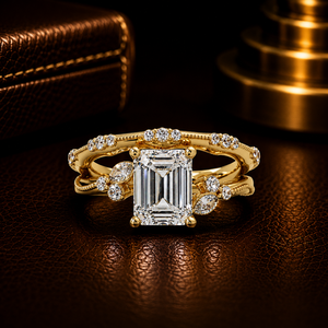 Vintage 14K Pure <b>Gold</b> Emerald Cut Lab Grown Diamond Engagement <b>Ring</b> <b>Set</b> Marquise Matching Band Art Deco Bridal Wedding <b>Rings</b> - Product Image 1