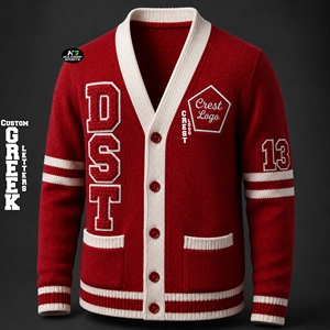Cardigan Rouge Delta à Bordures Blanches pour Femme, en Acrylique Tricoté, avec Broderie Chenille Sœur d'âme, Boutons, Col en V, Manches Longues, Respirant - Product Image 1