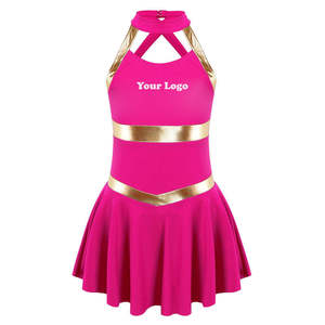 Robe de pom-pom girl rose avec bordure dorée pour filles, avec impression de logo personnalisé par transfert thermique, matière polyester respirante - Product Image 1