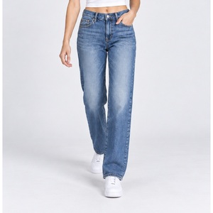 Jeans de mezclilla de cintura alta para mujer, de pierna recta, con túnel frontal ancho para cinturón, azul medio, al por mayor - Product Image 5