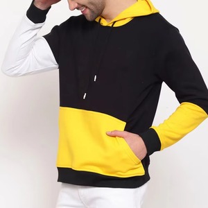 Men's Blocking Hoodie Oversized Casual Sweatshirt <b>Black</b> Yellow Pocket Design Regular Sleeve Knitted French Terry Autumn Wear - Product Image 3