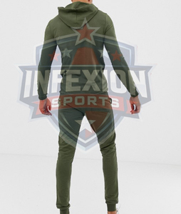 Men's Olive Green Hooded <b>Tracksuit</b> Full Length Solid Color Casual Wear With Side Pockets Breathable Cotton Material Autumn Style - Product Image 4