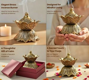 Premium Handcrafted Brass Lotus Design <b>Bakhoor</b> Burner with Lid Vintage Incense Burner for <b>Oud</b>, Dhoop & Home Decor - Product Image 6