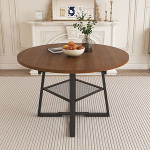 Set Tavolo da Pranzo Rotondo 47 Pollici Finitura Noce Estensibile per 4-8 Persone Struttura in Metallo Rinforzata Stabile con Vano Portaoggetti - Product Image 1