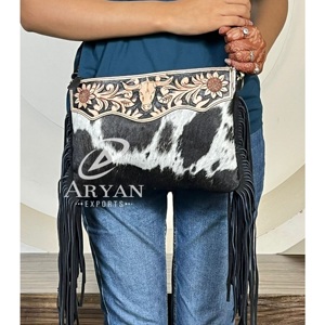 Personalised 2026 Genuine Cowhide Leather Crossbody Fringe <b>Bag</b> Handcrafted Floral & Bull Shoulder Purse Hair On Hide Wholesale - Product Image 1