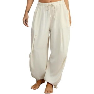 Pantalon Harem blanc coupe ample, taille élastique, cordon de serrage, jambe longue, poche latérale, tenue décontractée - Product Image 1