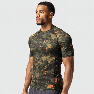 Camouflage Print <b>Base</b> <b>Layer</b> Rash Guard <b>Men's</b> 100% Polyester Compression Print Rash Guard <b>Mens</b> Short Sleeve Camo Fitness Tops - Product Image 2