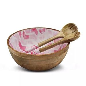 New Arrival 2026 Wooden Enamel Printed Serving Bowl With Spoons For Salad Fruits <b>Dinnerware</b> Stylish Serving Bowl For Kitchenware - Product Image 2