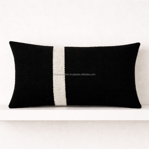 Funda de cojín lumbar larga tejida a mano, color azul marino y marfil, de 30 × 50 cm, con rayas de dos tonos, decorativa para cama. - Product Image 1