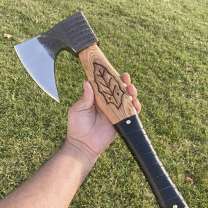 OEM Handmade Industrial Handmade Flat Backed Hatchet Forged Steel Blade Wooden <b>Handle</b> Leaf Engraved Splitting Firewood <b>Axe</b> - Product Image 4