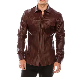 <b>Men's</b> <b>Brown</b> Leather <b>Shirt</b> Full Sleeve Casual Turn-down Collar Solid Color Autumn Wear - Product Image 1