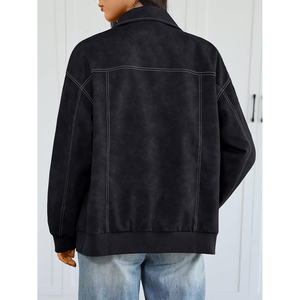 Womens PU Leather Bomber Jacket Oversized Full Sleeve Plus Size Zip Up Motorcycle Style Fall Winter Outerwear - Product Image 5