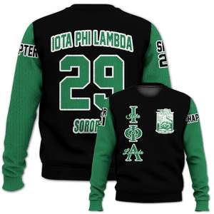 Chaqueta Universitaria Personalizada Iota Phi Lambda, Suéter Tejido Negro Esmeralda Verde Personalizado de la Hermandad Iota Phi Lambda - Product Image 4