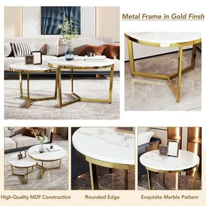 Modern 2-Piece White and <b>Marbling</b> Top <b>Coffee</b> <b>Table</b> <b>Set</b> with Gold Base Nesting Round Design - Product Image 4