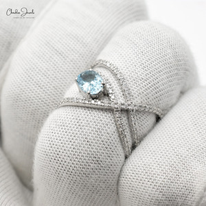 Anillo Crossover Más Vendido con Gema de Aguamarina Natural de 0.63CTW y Diamantes, Anillo de Boda de Oro Sólido de 14K, Fabricante de Joyería Fina - Product Image 4
