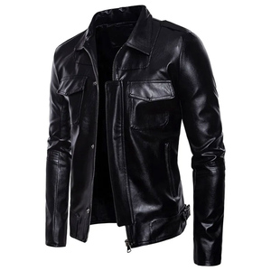Veste en cuir pour homme, col rabattu, fermeture éclair, coupe ajustée, style motard, couleur unie, manches classiques, automne - Product Image 3
