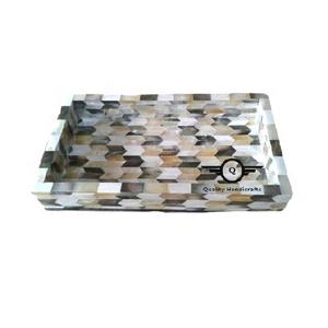 Nouvelle meilleure qualité gris Style arabe nacre Rectangle plateaux de service Base en bois incrustation d'os oeuvre pour l'utilisation de Restaurant d'hôtel - Product Image 1