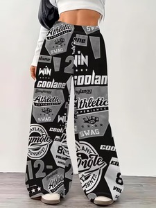 Girls' Straight Leg <b>Pants</b> , Black And White American Street Letter Print, Loose Wide Leg Trousers, Wide Leg Silhouet - Product Image 2