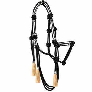 Cabestro de cuerda trenzada negra con borlas de crin de caballo |   Cabestro Ecuestre Occidental Anudado para Entrenamiento, Equitación, Rancho y Establos - Product Image 1