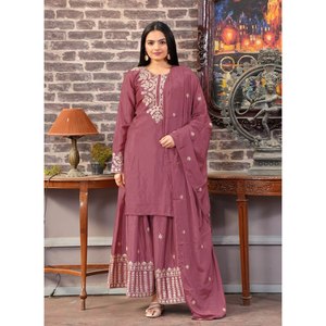 Feni Fashion Traje de Chinon bordado de diseñador para mujer con bordado de secuencia de oro rosa Talla M - Product Image 2