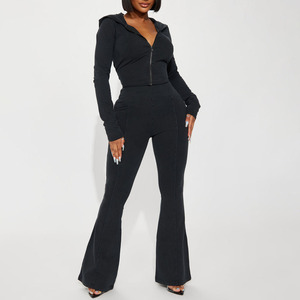 Women's Black Hooded 2-Piece Washed Set Long Sleeve Zipper <b>Top</b> Flare Pants Casual Knitted Outfit Spring/Summer 100% Cotton - Product Image 1
