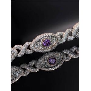 Luxury 18K Gold Eye Shape Amethyst Bracelet Pavé Diamond Chain Link Women's Party Jewelry - Product Image 3