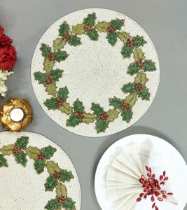 Holly HandWork <b>Beaded</b> <b>Placemat</b> Handmade Christmas Table Mat Round Holiday Charger Plate Festive Dining Table Decor - Product Image 1
