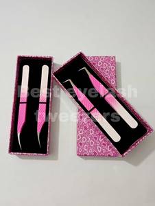 Pince à cils professionnelle en acier inoxydable, pointe lisse, précision 10 mm, design d'isolation droit, motif cœur, boîte rose pour cils - Product Image 2