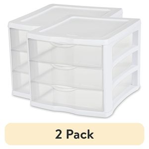 Lot de 2 unités de rangement à 3 tiroirs en plastique transparent blanc, pour comptoir ou bureau - Product Image 1