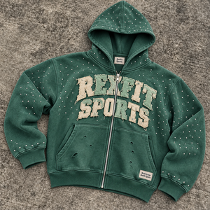 Sweat-shirt unisexe à fermeture éclair avec lettres imprimées en relief, en molleton délavé, avec détails cloutés et fermeture éclair frontale – Vente en gros - Product Image 3