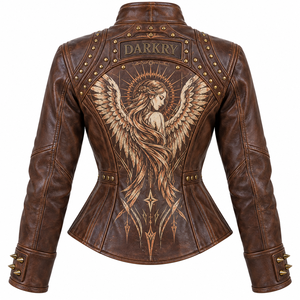 Chaqueta de cuero genuino para mujer, color marrón desgastado, estilo motero, con estampado personalizado de diosa alada, mangas con tachuelas de latón y detalles de púas. - Product Image 2