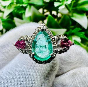 Vintage 925 <b>Silver</b> Brilliant Cut <b>Emerald</b> Cocktail <b>Ring</b> Pink Gemstones Prong Setting Rhodium Plated Minimalist Women's Jewelry - Product Image 5